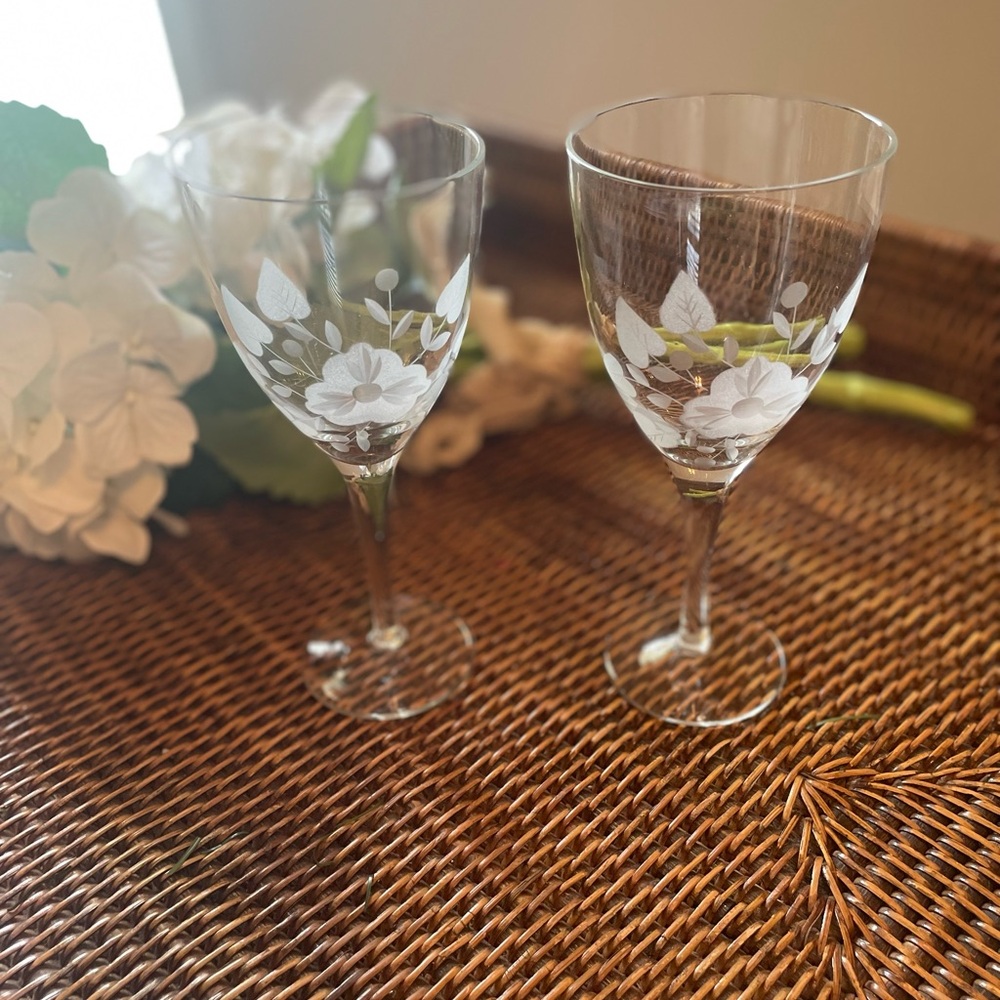 Vintage Floral Etched Crystal Wine Glasses